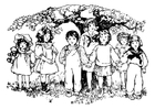 Coloring pages children under the tree