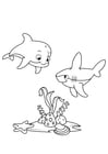 Coloring page dolphin and shark