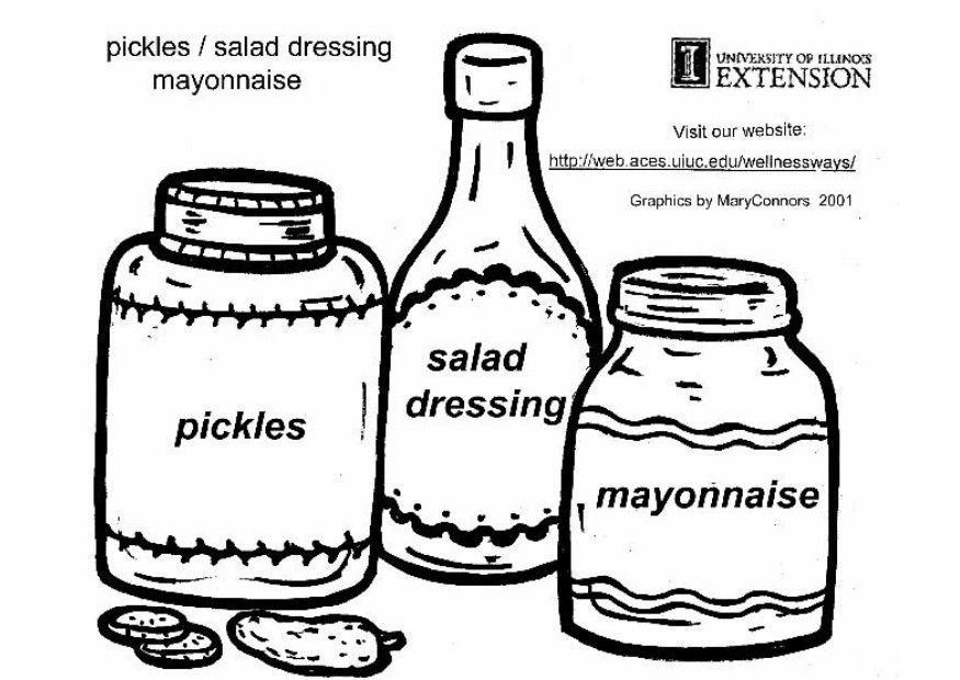 Coloring Page pickles, salad dressing and mayonnaise - free printable