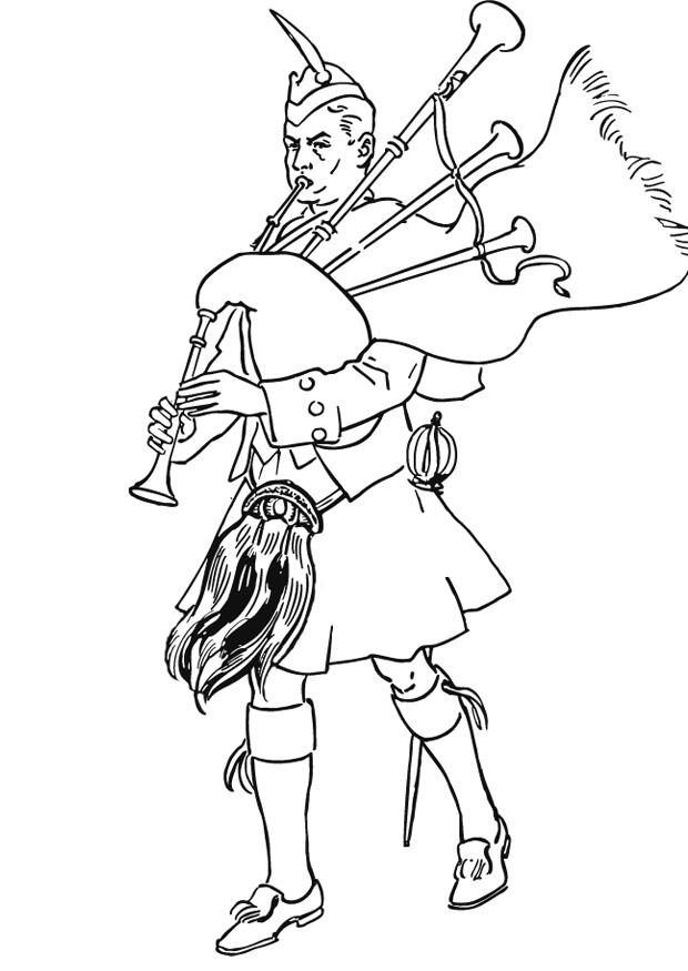 Coloring page bagpipe player in scottish costume