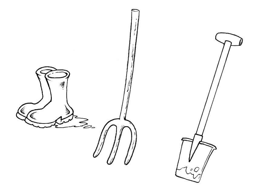 Coloring page boots shovel pitchfork