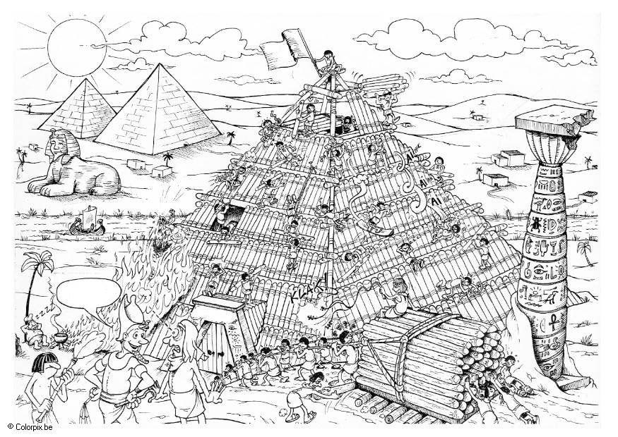 Coloring page building a pyramid