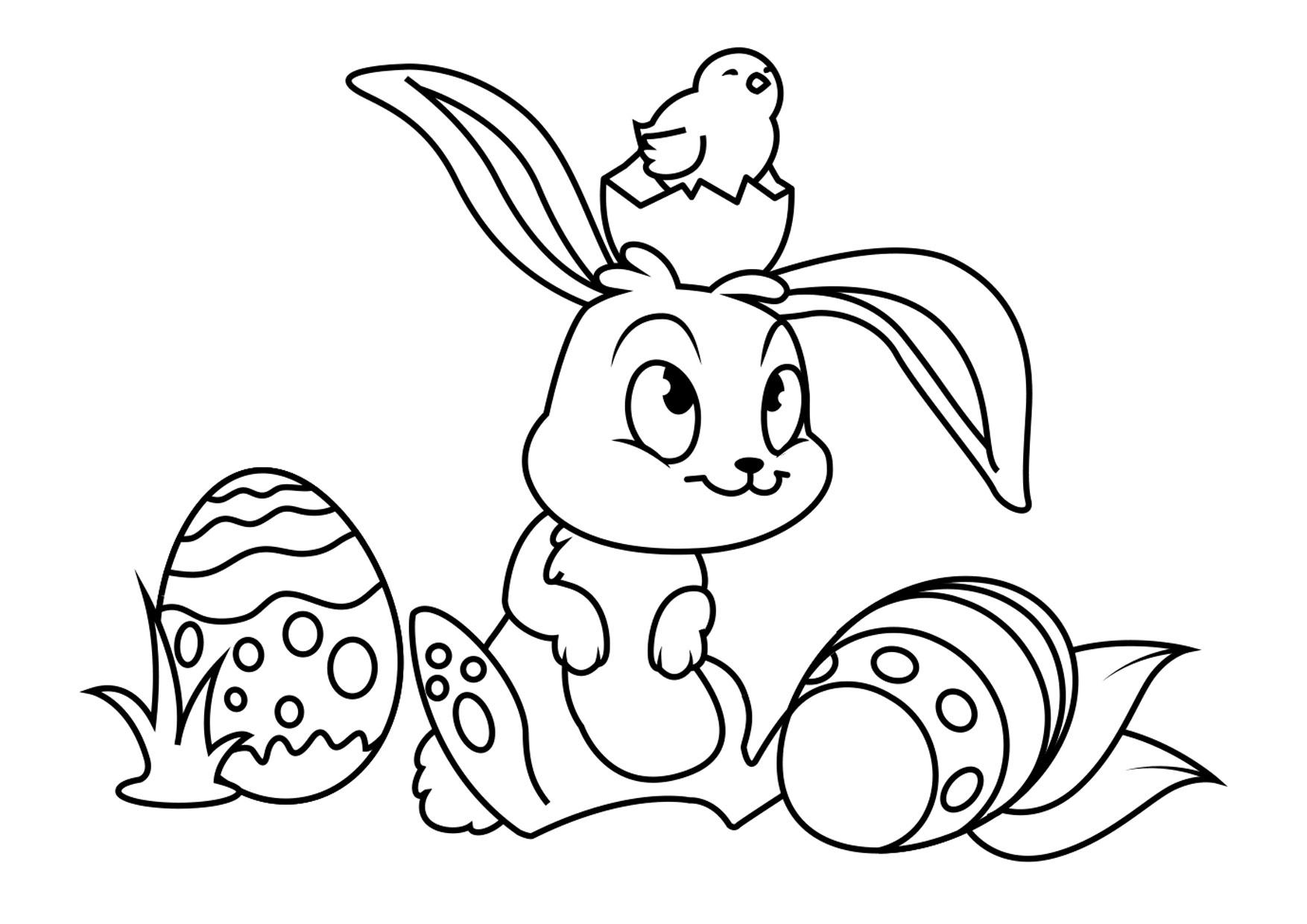 Coloring page easter bunny with easter chick