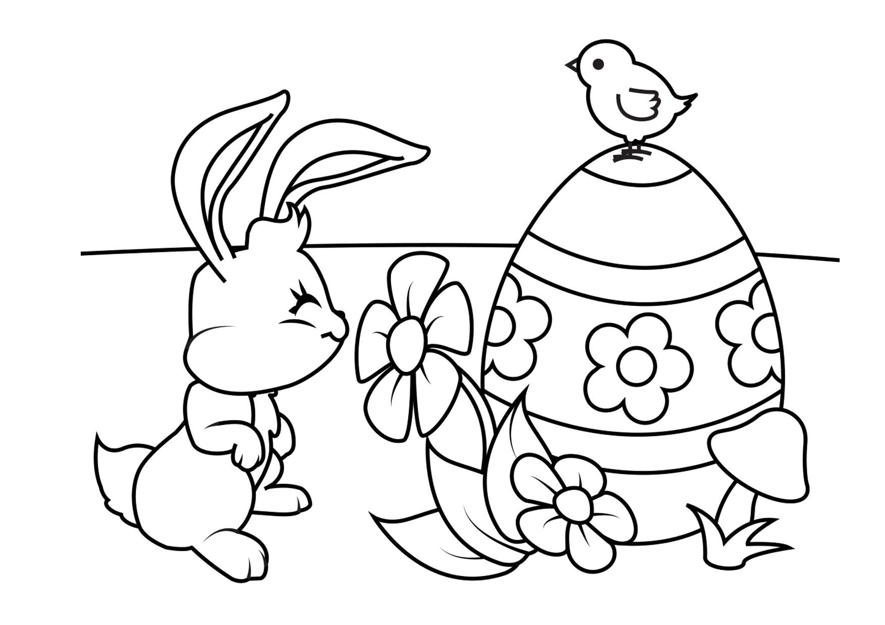 Coloring page easter bunny with easter egg and chick