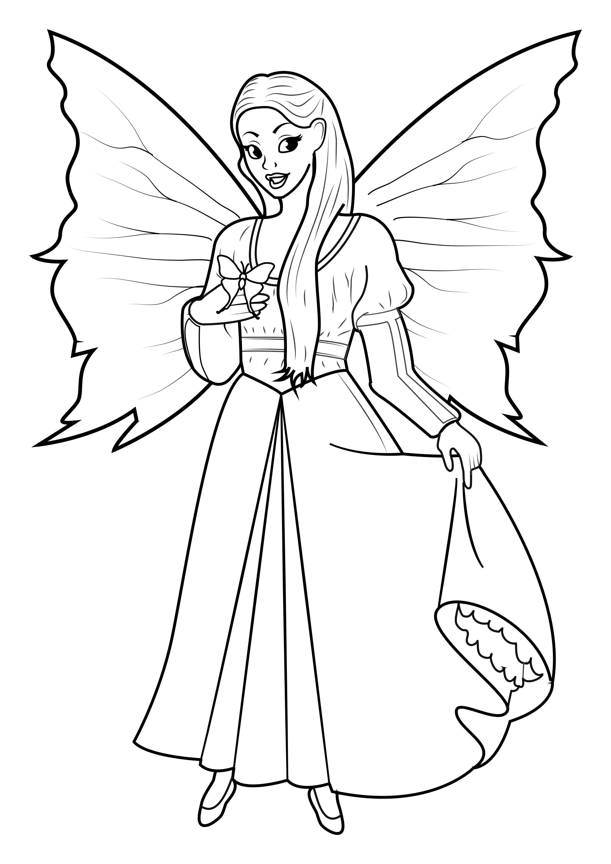 Coloring page fairy with dress and butterfly