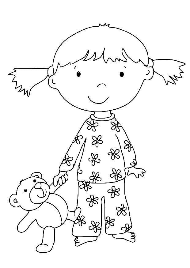 Coloring page girl with stuffed animal