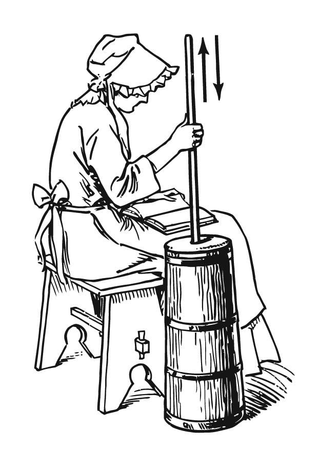 Coloring page making butter with a butter churn