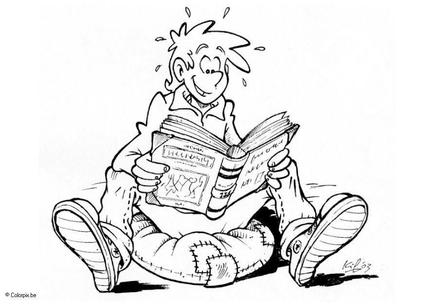 Coloring page reading a book