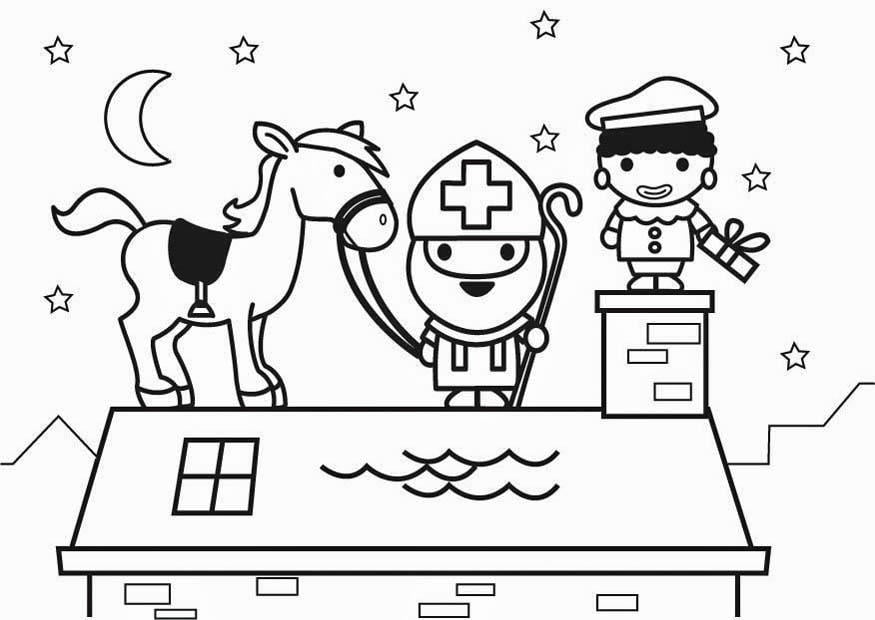 Coloring page saint nicholas and horse on roof