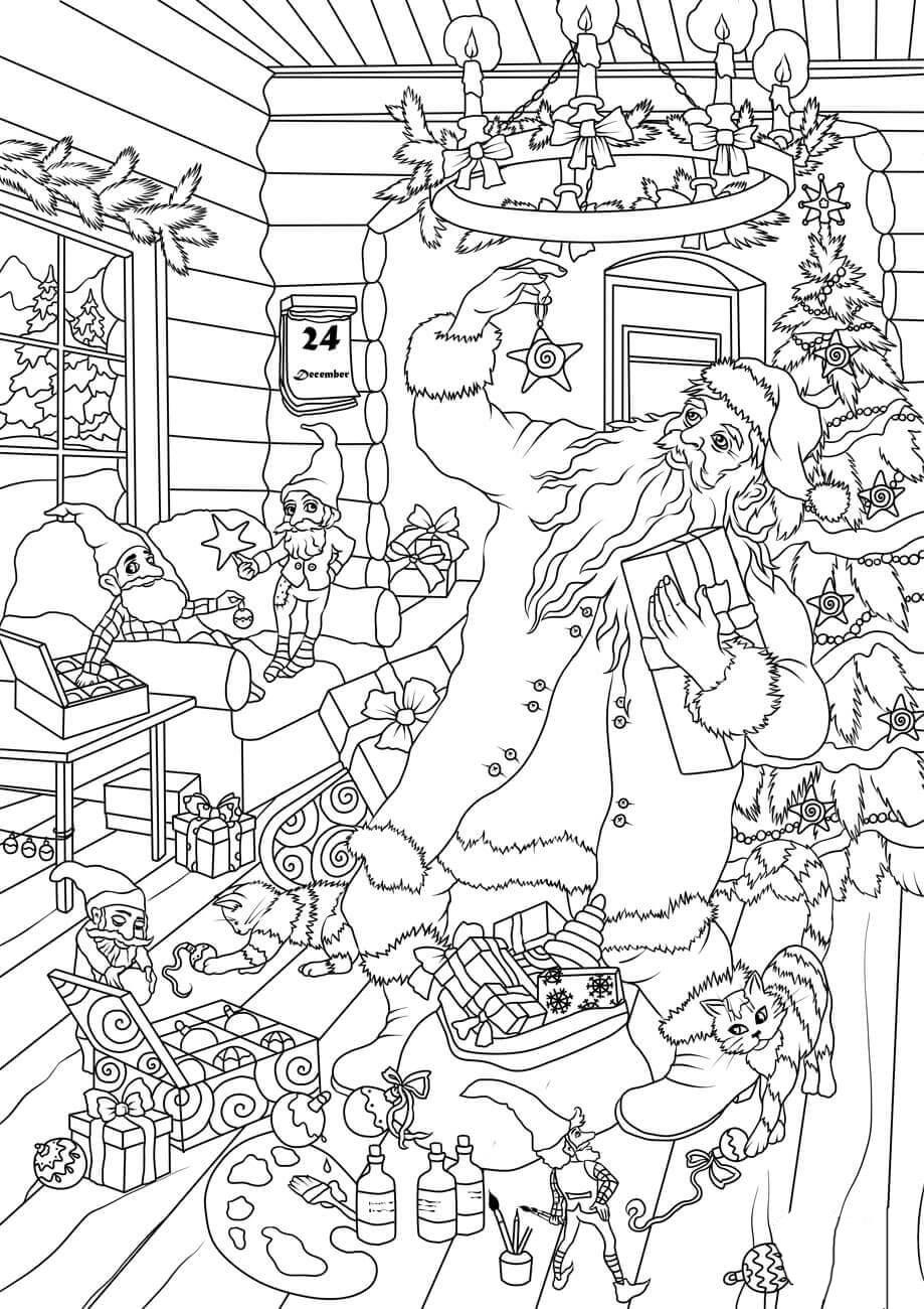 Coloring page santa and elves choose packages