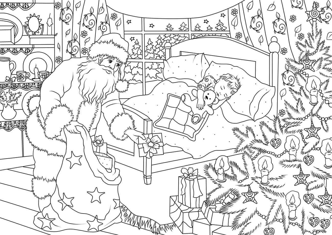 Coloring page santa brings presents