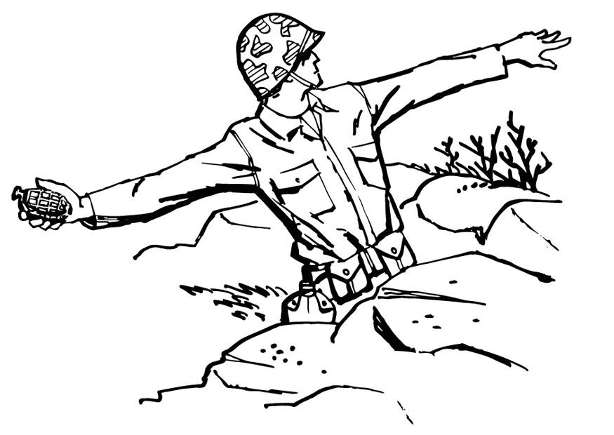 Coloring page soldier throws grenade