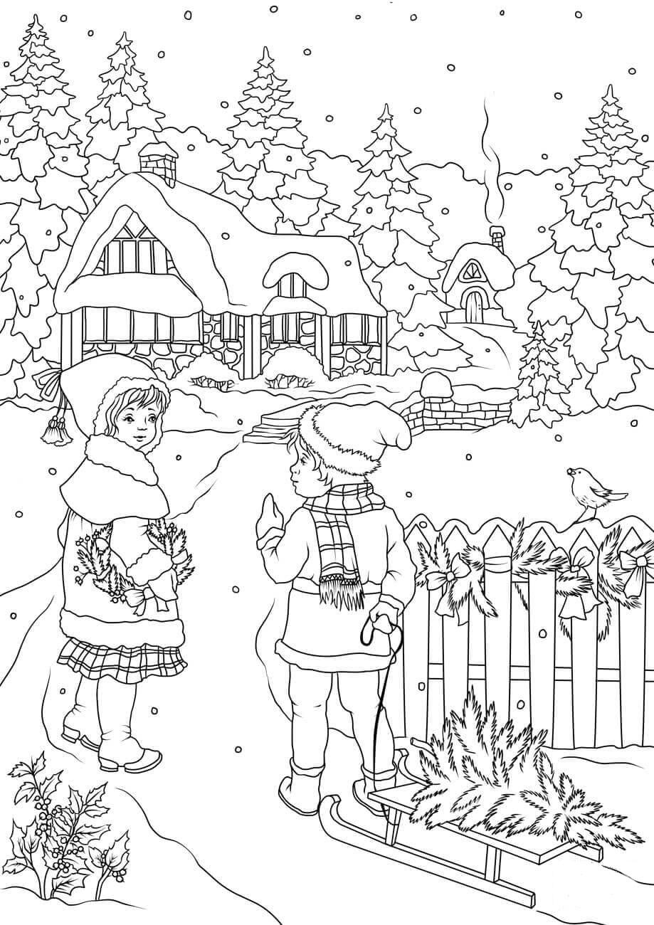 Coloring page walking in the snow