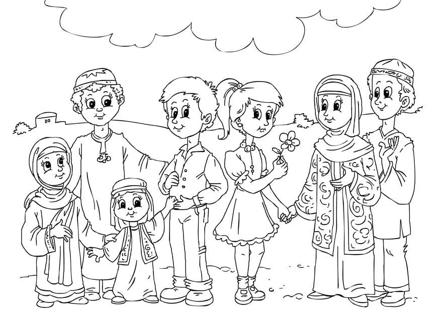 Coloring page western children in muslim culture