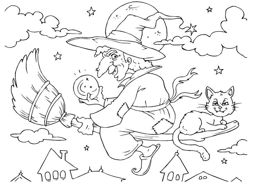 Coloring page witch on broom