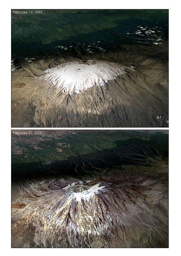 Photo changes in snow accumulations on mount kilimanjaro.