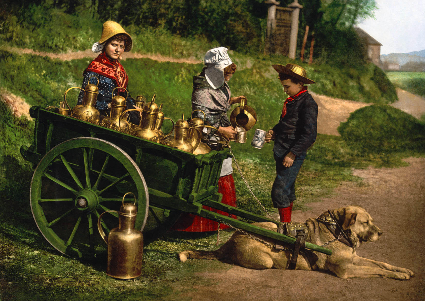 Photo milksellers, brussels, belgium with dogcart.